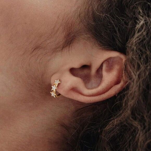 Cubic Zirconia Huggie Star Earrings 14K Gold Plated Tiny Huggie Hoop Earrings - Picture 3 of 5